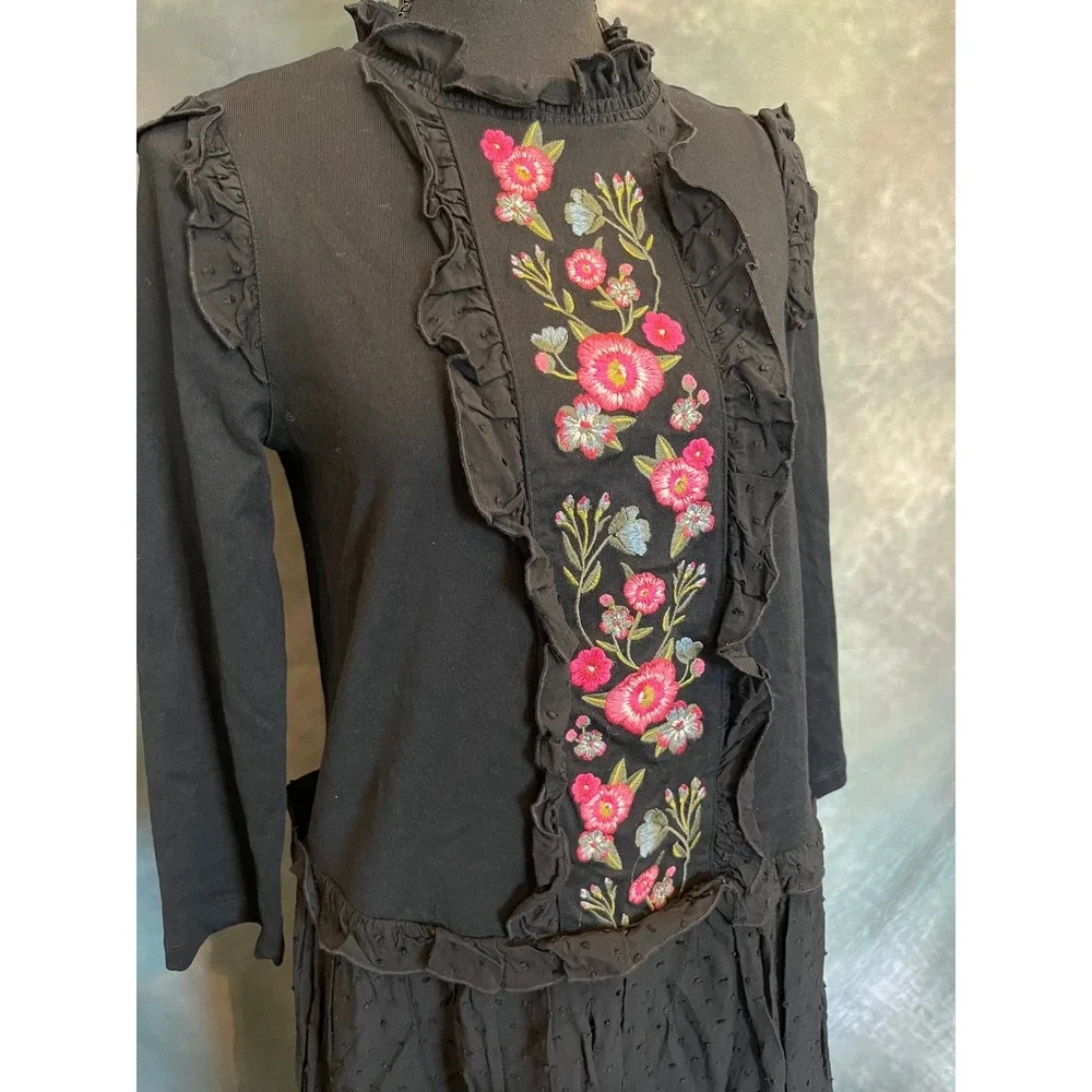 Kate Spade Black‎ Floral Broome Street Embroidered Ruffle Dress Size S